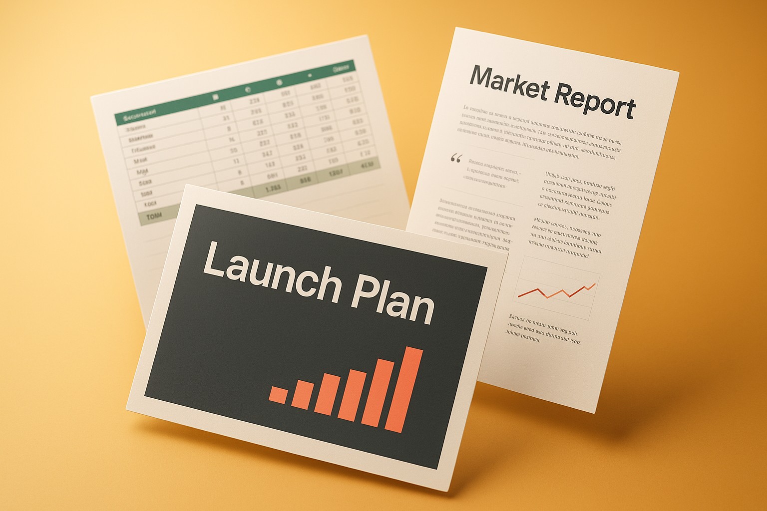 An illustration of a slide deck, a report and a spreadsheet